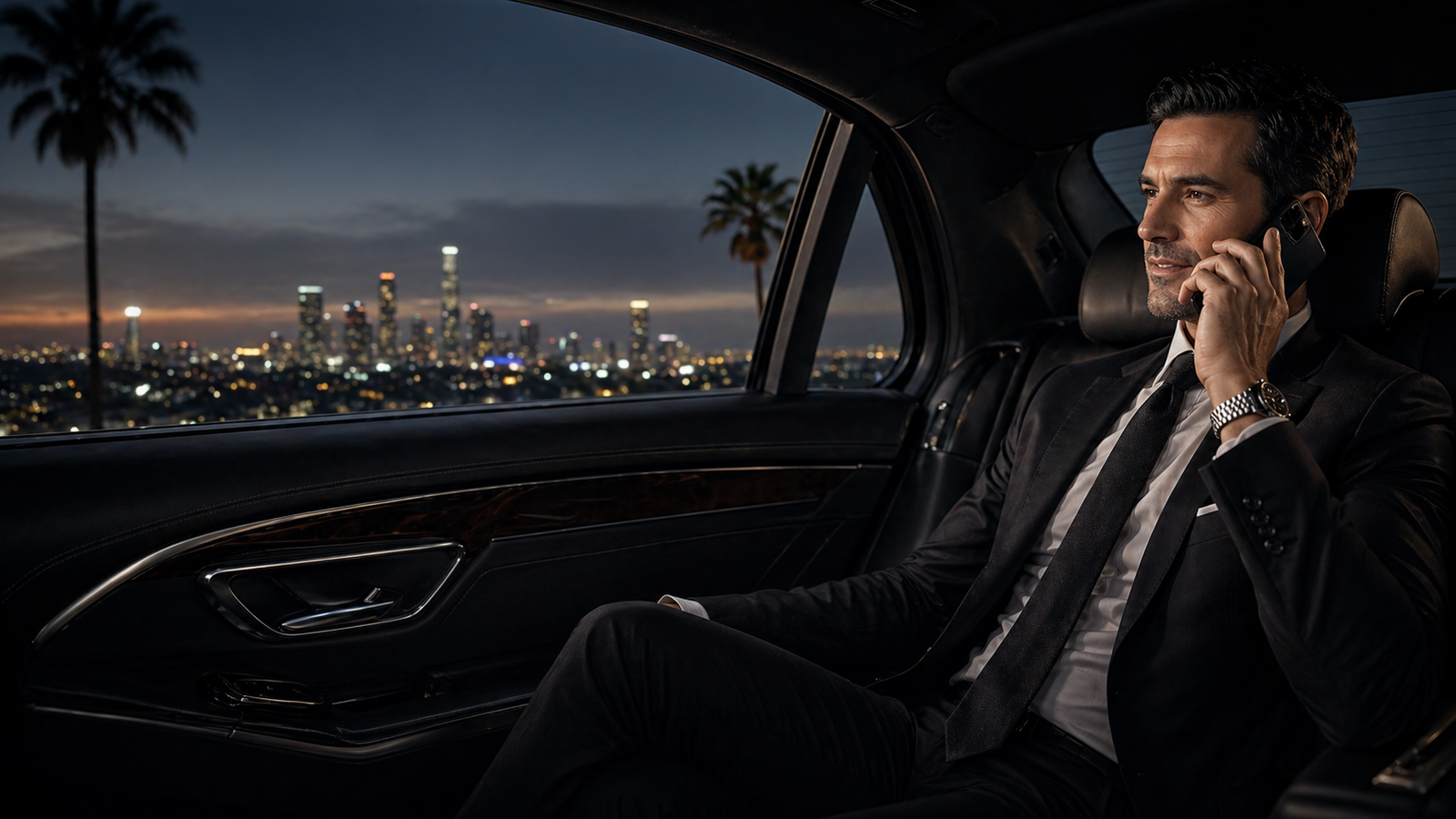 RG Black Limo LLC — luxury Cadillac Escalade ESV chauffeur arriving at LAX baggage claim for Beverly Hills airport transfer